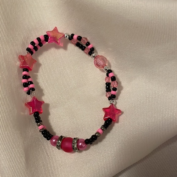 Handmade Jewelry Bracelet 3 Stack & Bead Enhanced Hair Elastic Pink & Black - Picture 7 of 7